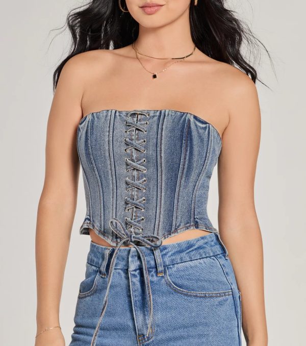 Trendy Style Lace-Up Denim Corset Top - Image 9