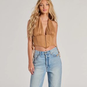 Chic Vibes Faux Suede Halter Cropped Corset Top