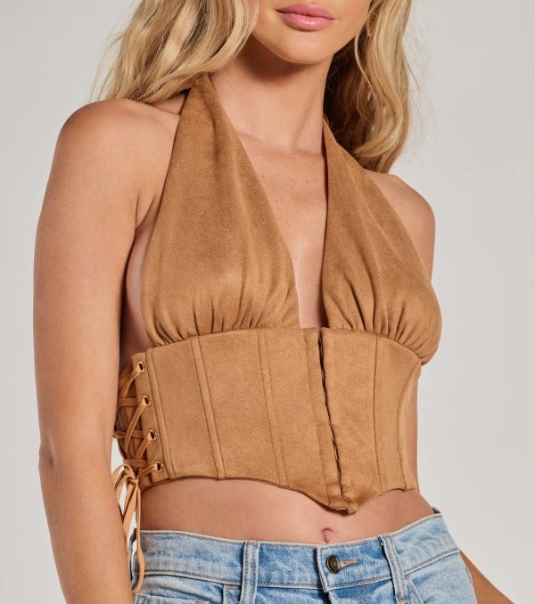 Chic Vibes Faux Suede Halter Cropped Corset Top - Image 4