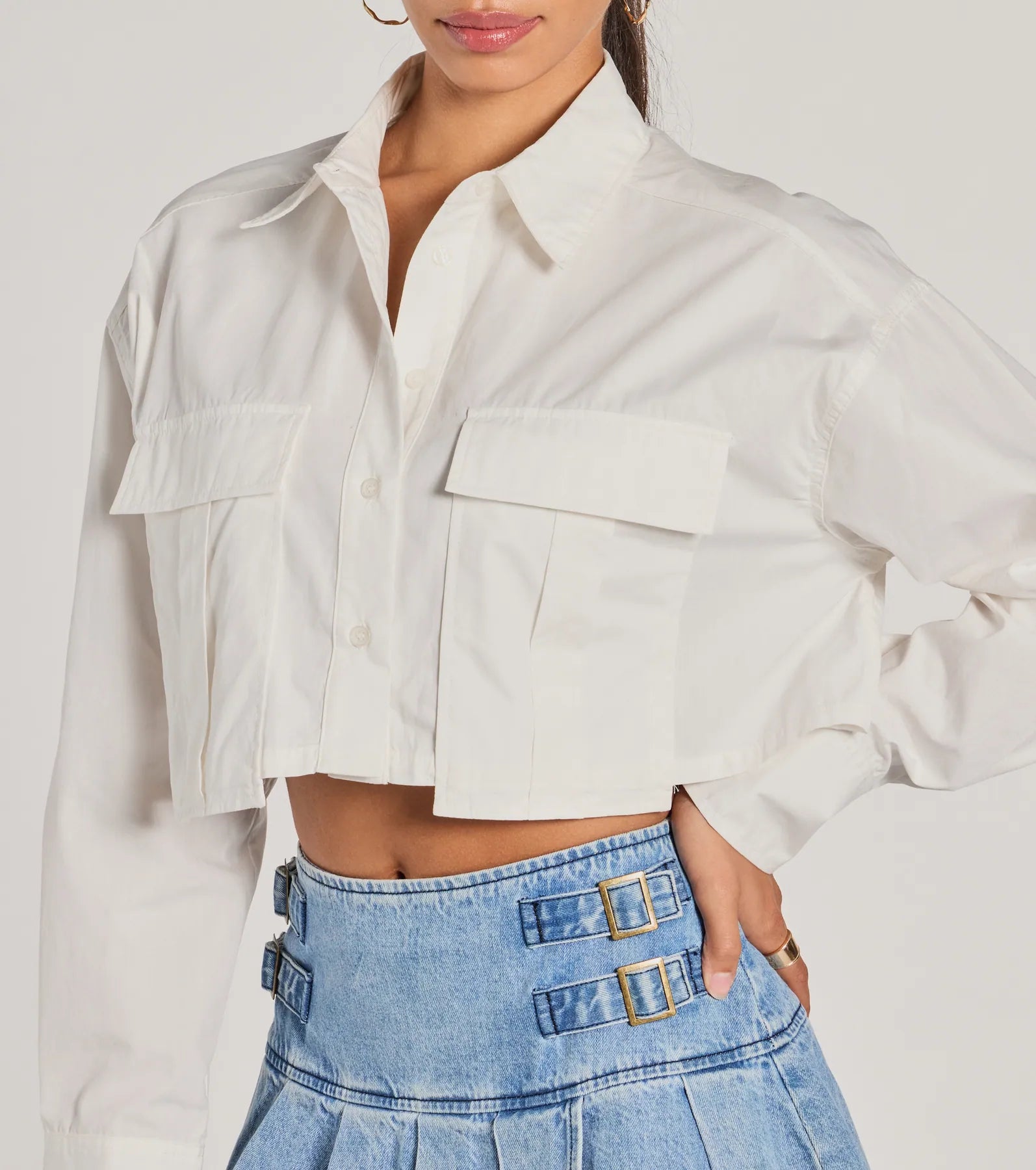 Officially Cute Long Sleeve Button Down Crop Top - Image 4