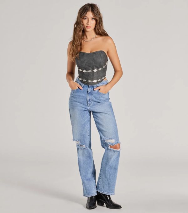 Trendy Chain Trim Faux Leather Corset Top - Image 3