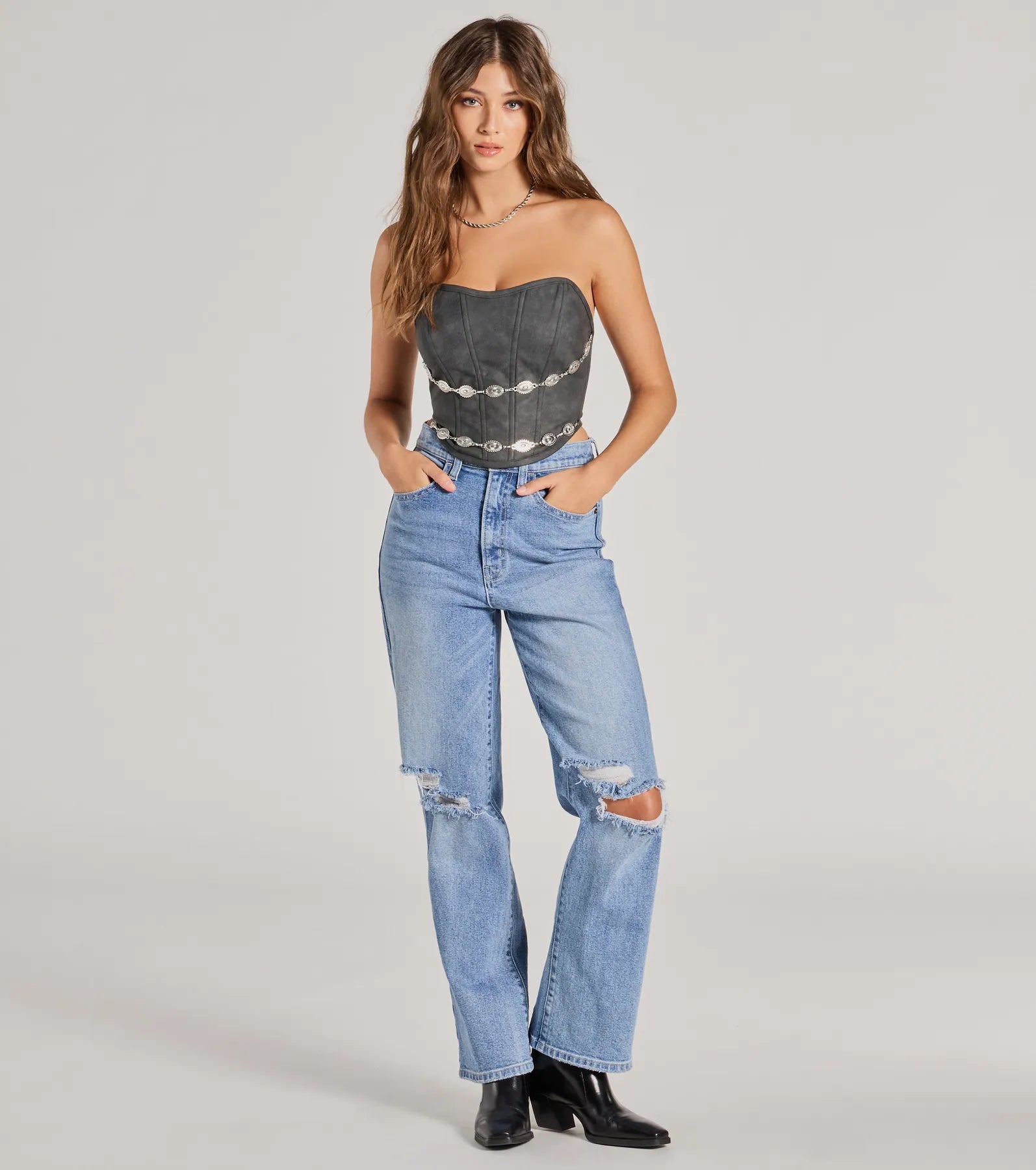 Trendy Chain Trim Faux Leather Corset Top - Image 3