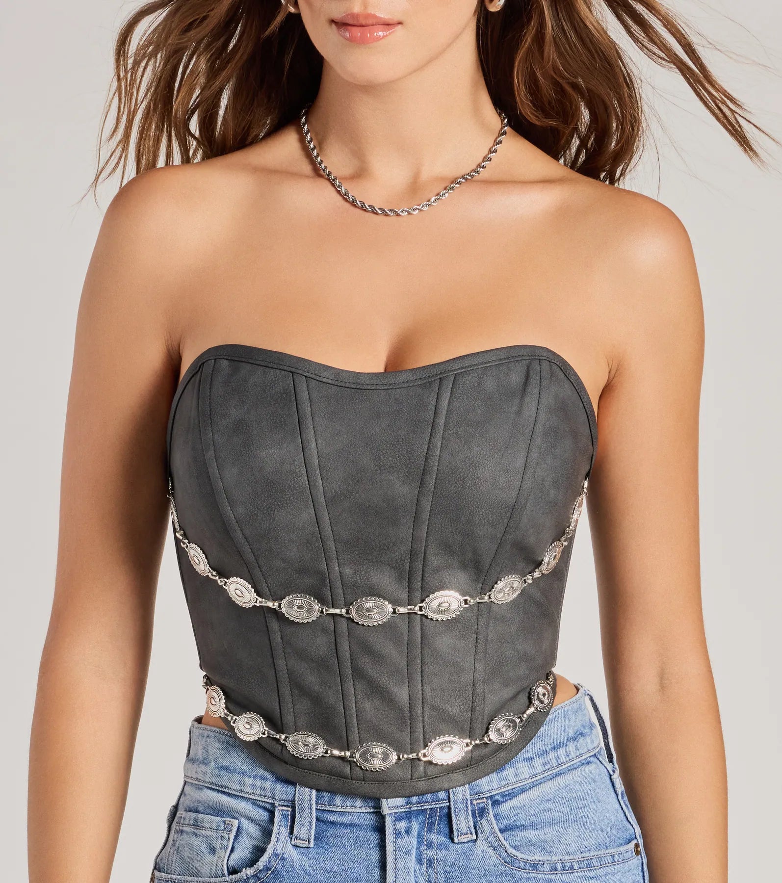 Trendy Chain Trim Faux Leather Corset Top - Image 4