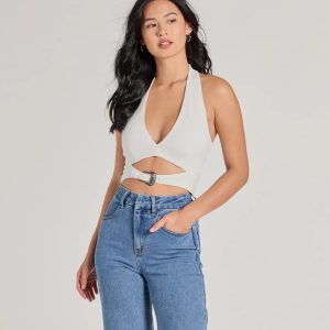 Edgy Vibe Buckle Detail Halter Crop Top