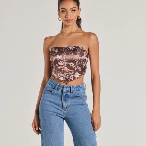 Chic Sheen Floral Satin Strapless Corset Top