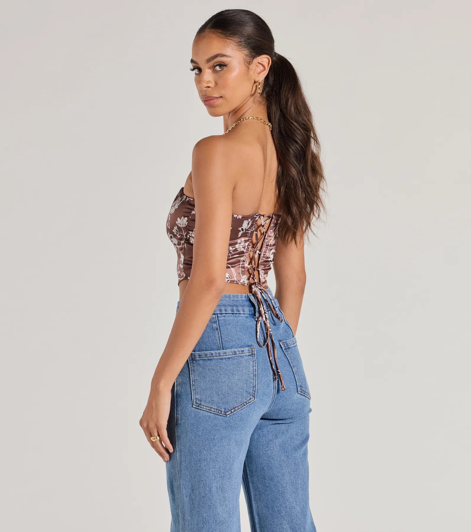 Chic Sheen Floral Satin Strapless Corset Top - Image 2