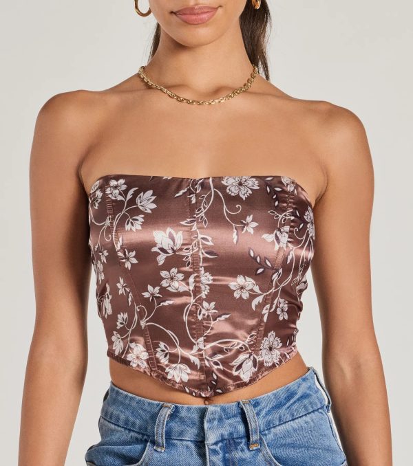 Chic Sheen Floral Satin Strapless Corset Top - Image 4