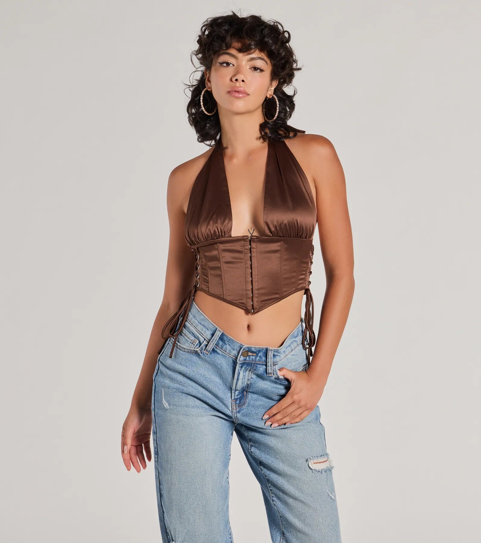 Edgy Luxe Satin Halter Cropped Corset Top - Image 5