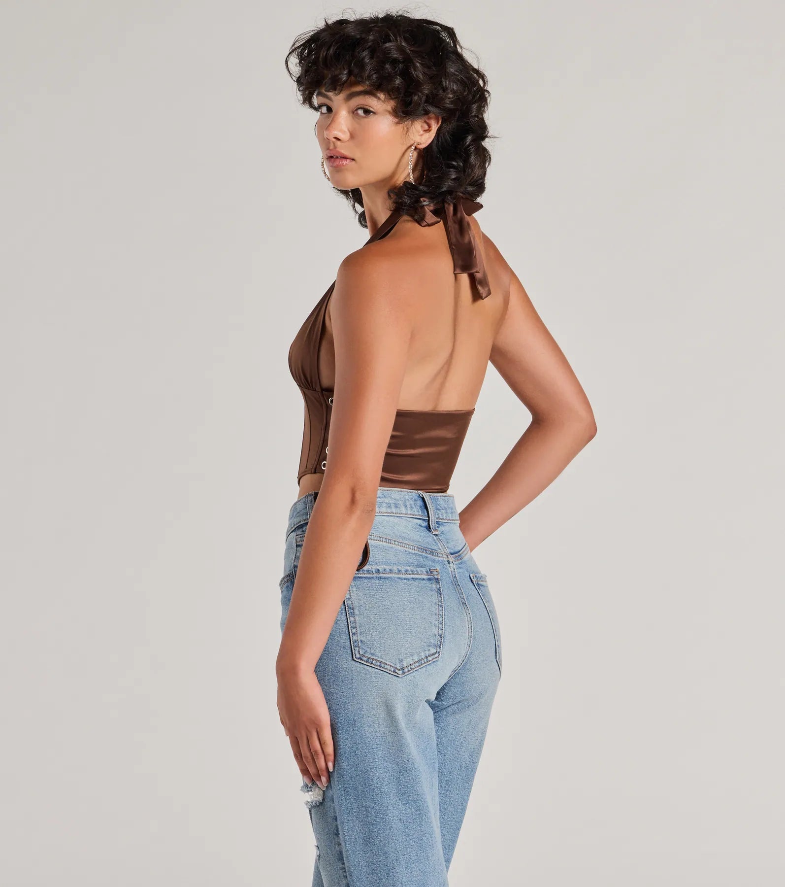 Edgy Luxe Satin Halter Cropped Corset Top - Image 6