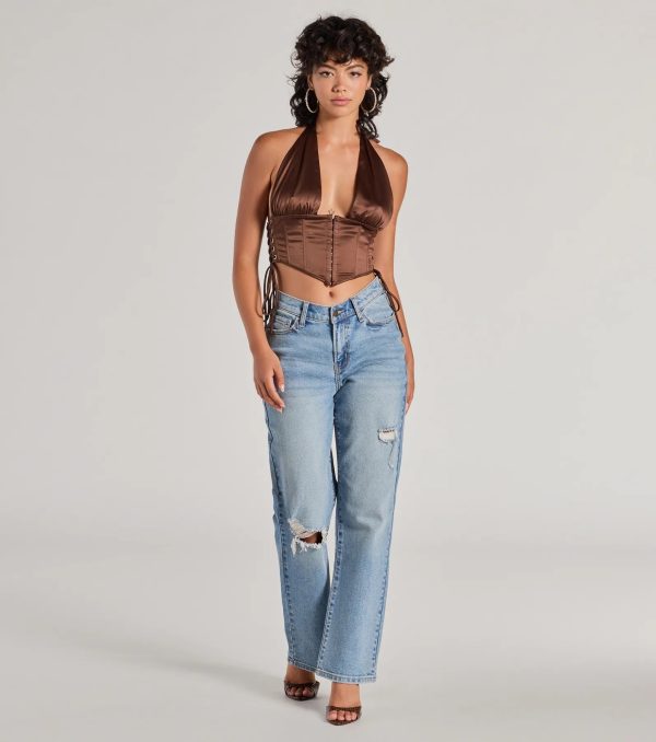 Edgy Luxe Satin Halter Cropped Corset Top - Image 7