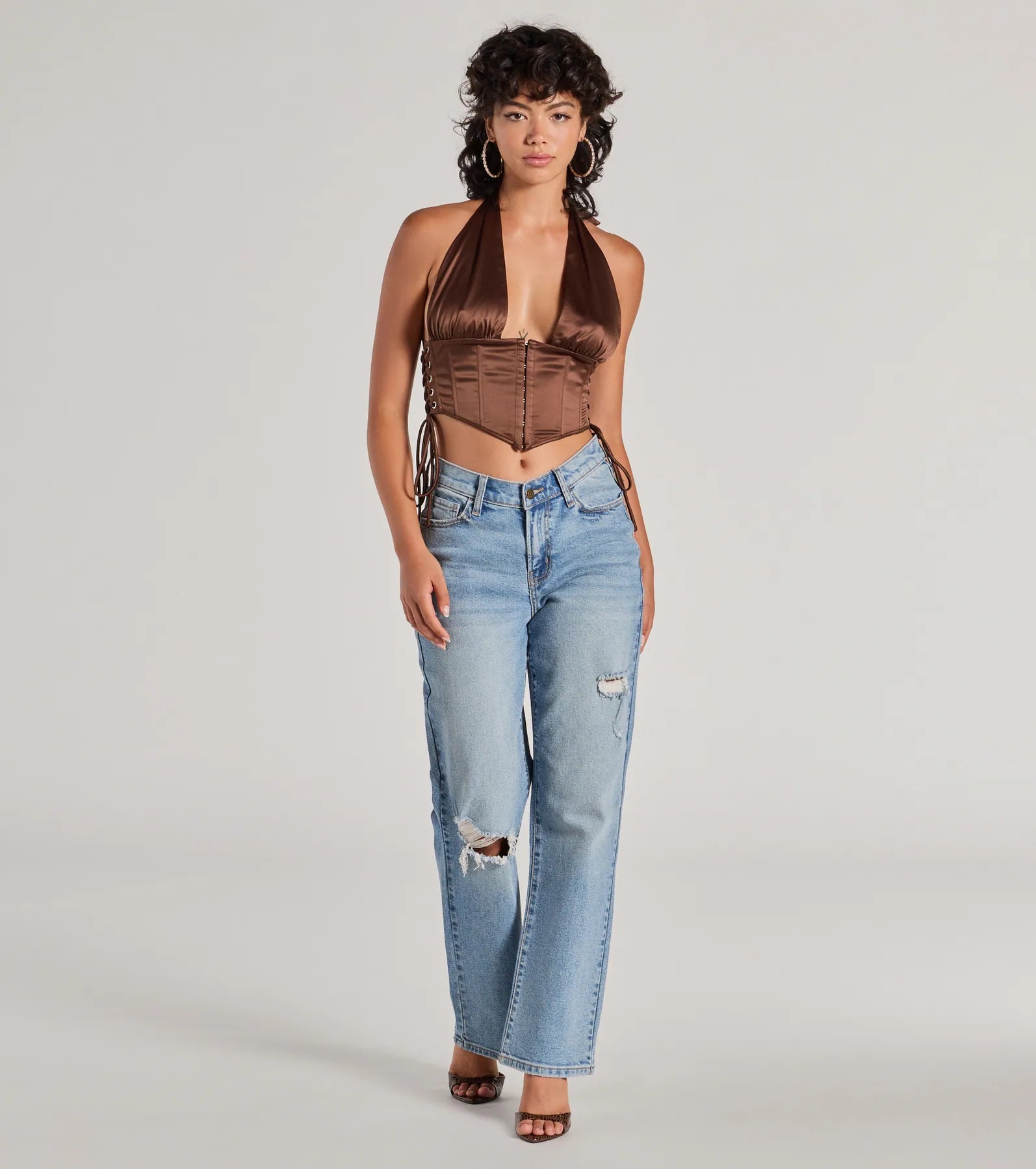 Edgy Luxe Satin Halter Cropped Corset Top - Image 7