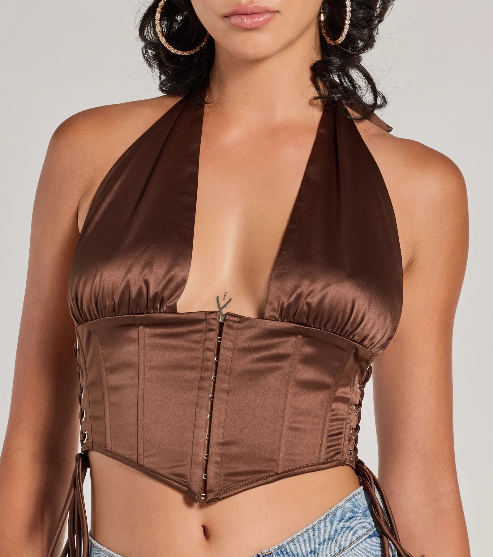 Edgy Luxe Satin Halter Cropped Corset Top - Image 8