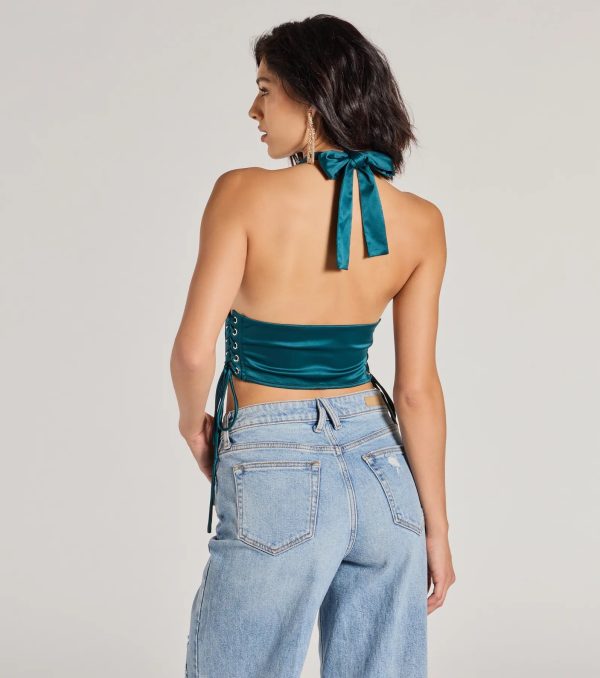 Edgy Luxe Satin Halter Cropped Corset Top - Image 2