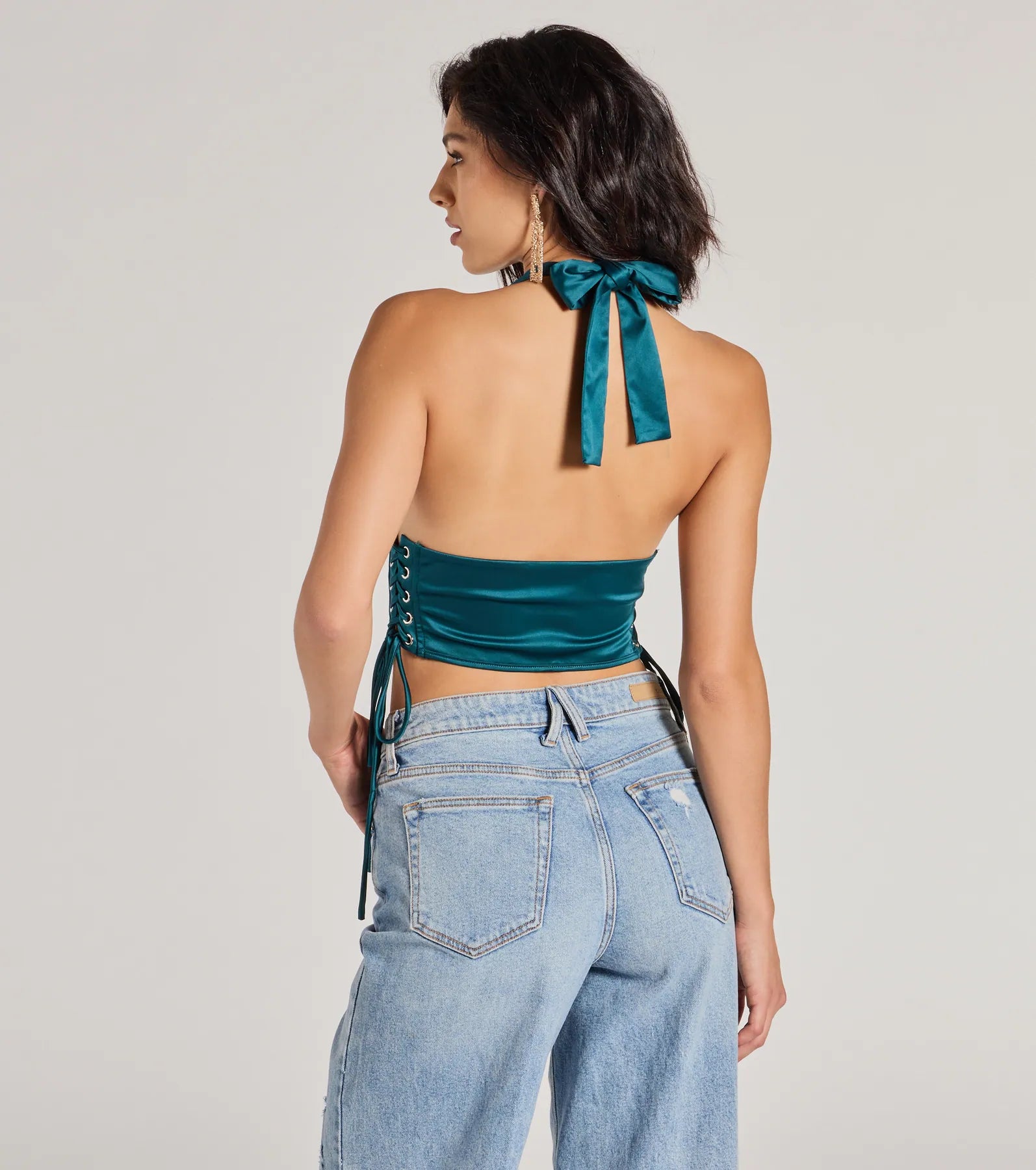 Edgy Luxe Satin Halter Cropped Corset Top - Image 2
