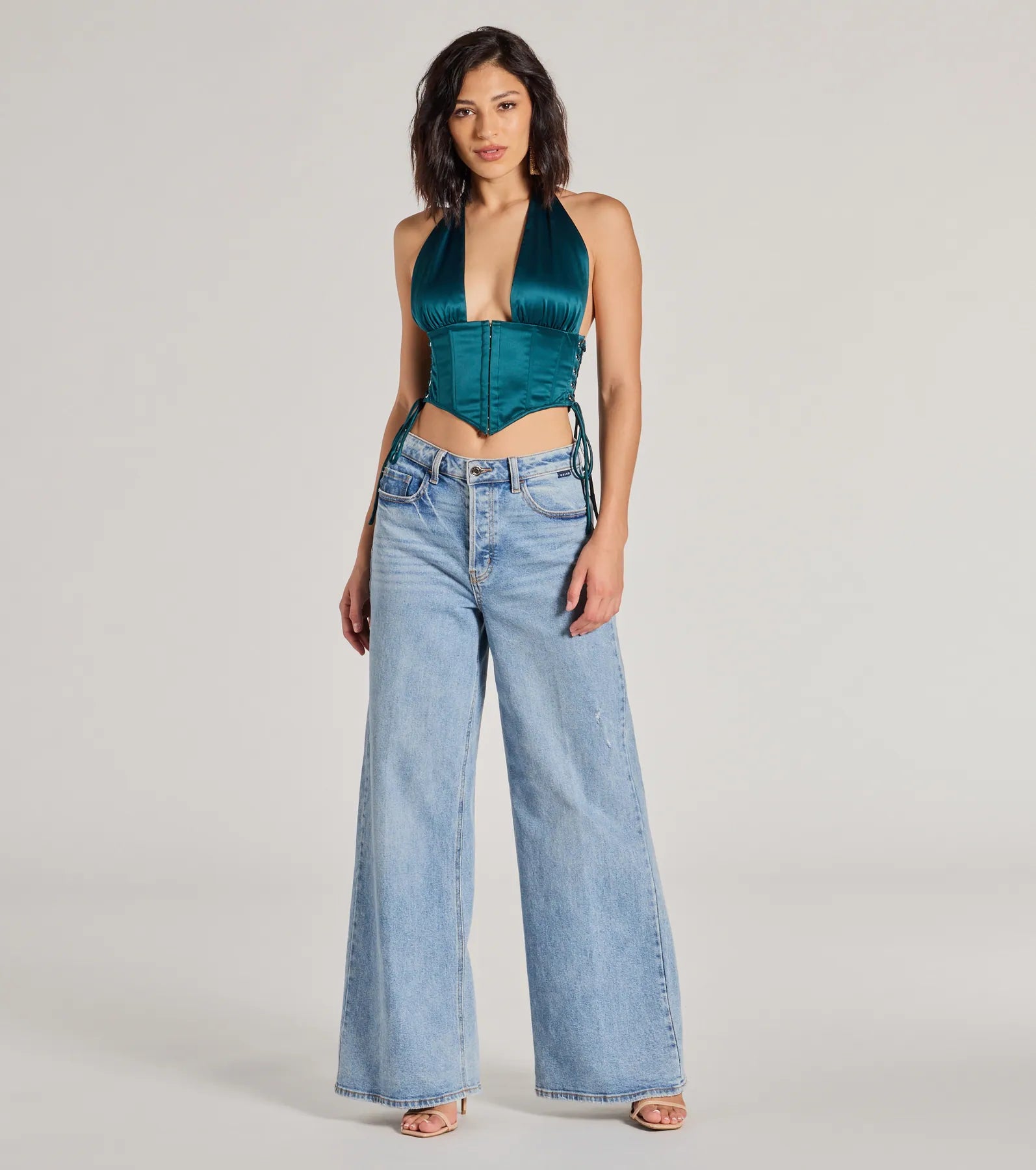 Edgy Luxe Satin Halter Cropped Corset Top - Image 3