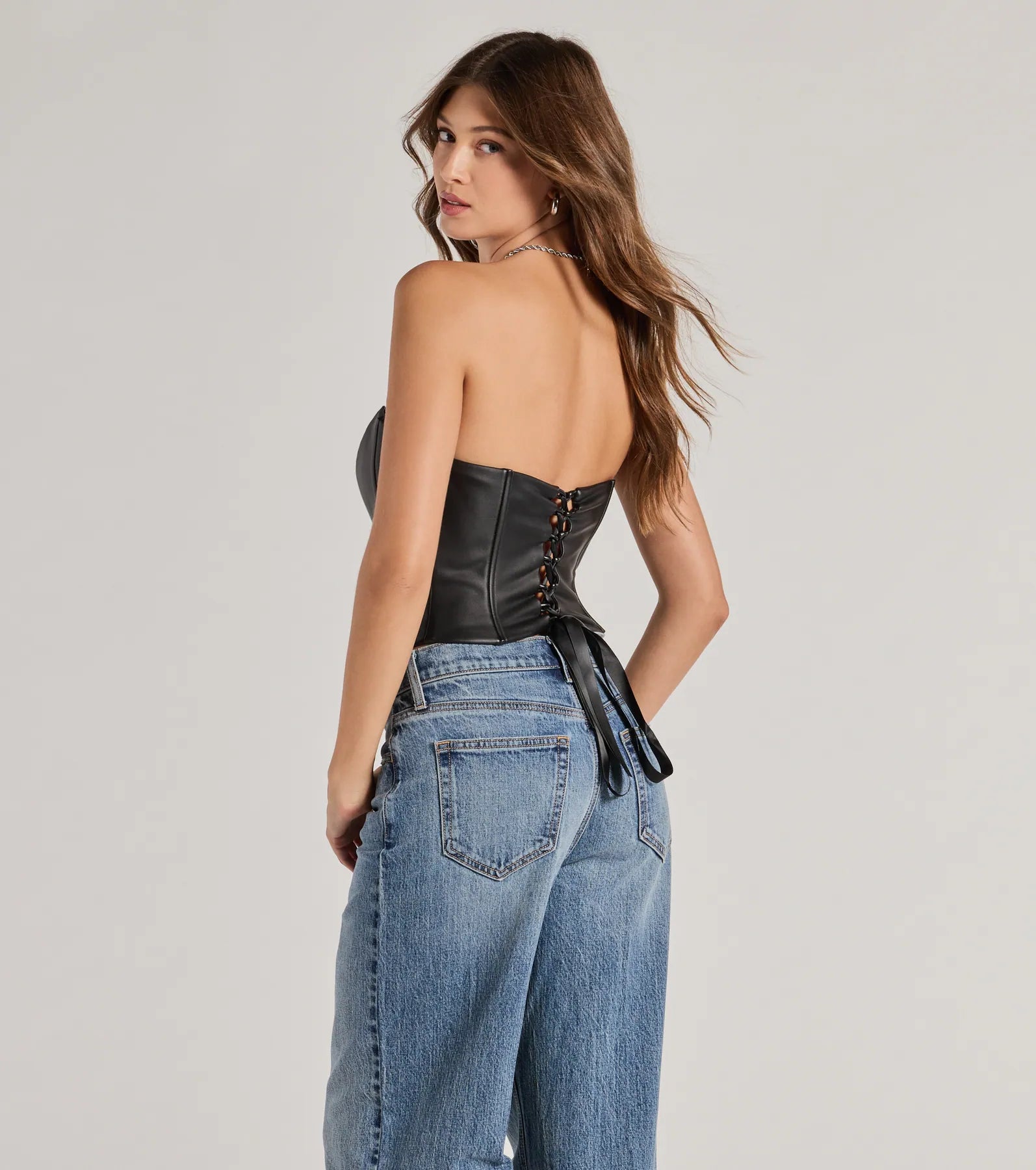 Level Up Sleek Faux Leather Strapless Corset Top - Image 2
