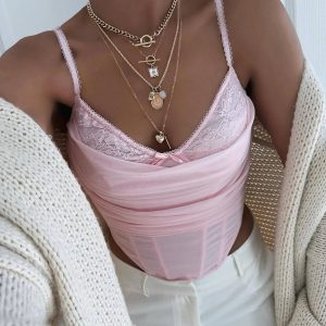 Sultry Night-Out Lace Trim Mesh Bustier Top