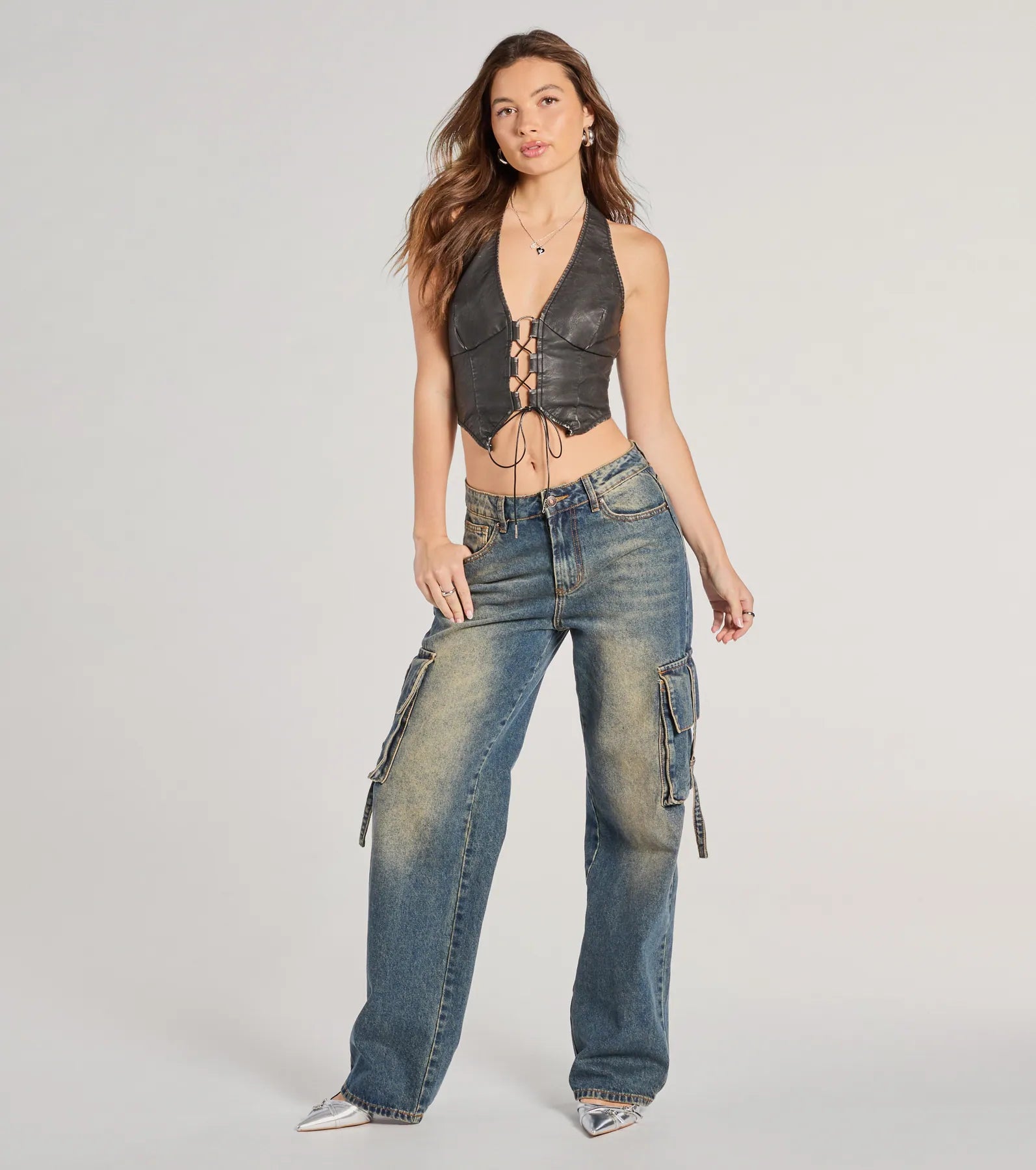 Lace Me Up Faux Leather Halter Crop Top - Image 4