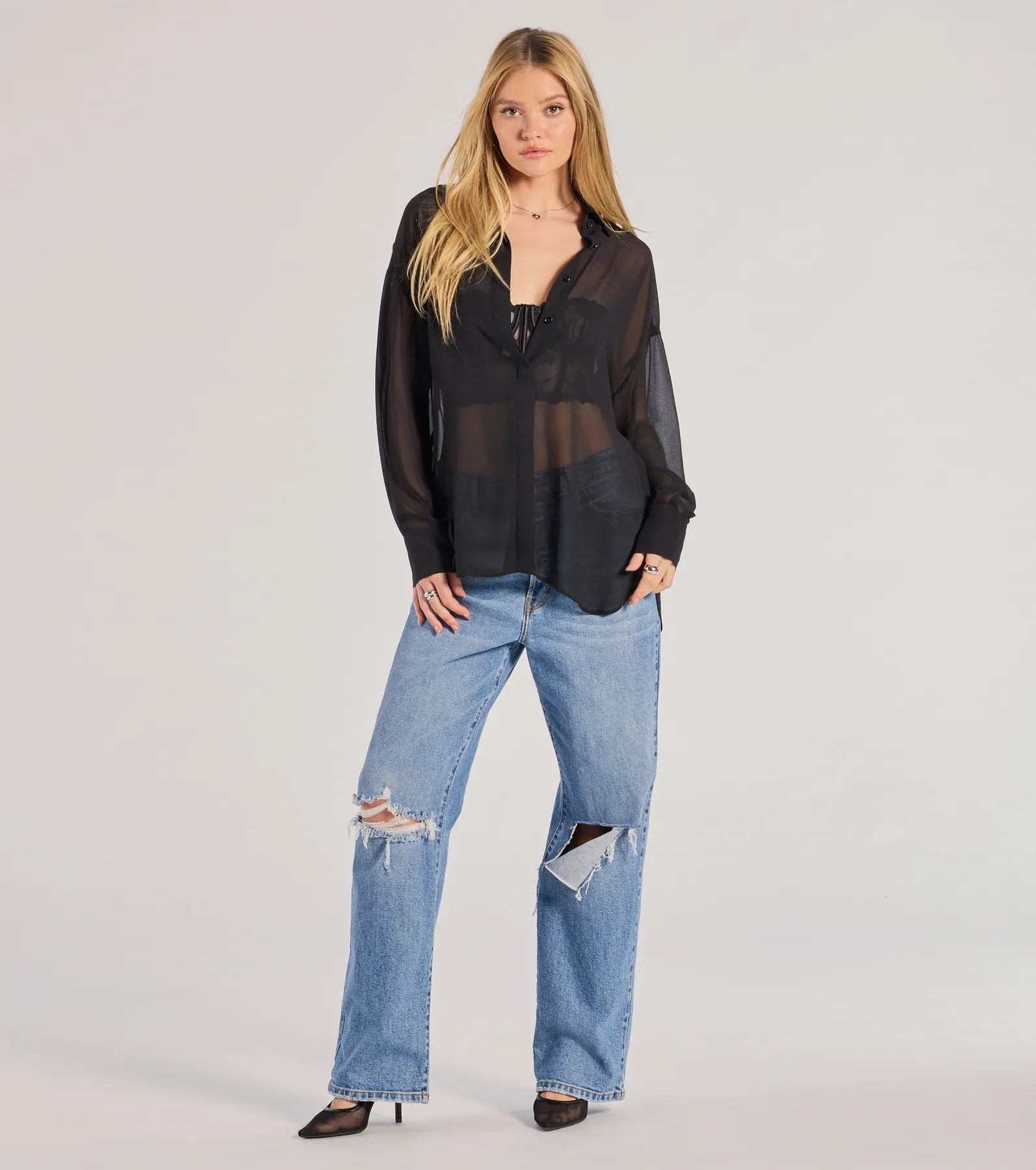 Sheer Ambition Long Sleeve Collared Blouse - Image 7