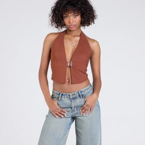 Sultry Trend Buckle Strap Halter Crop Top