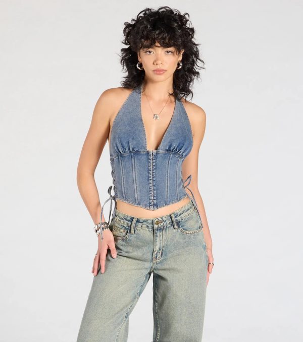 The New Classic Halter Lace-Up Denim Corset Top - Image 2