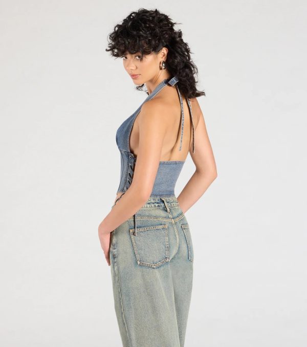 The New Classic Halter Lace-Up Denim Corset Top - Image 3