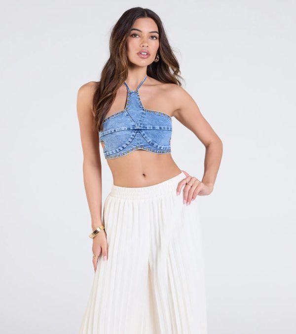 Western Star Halter Studded Denim Crop Top - Image 2