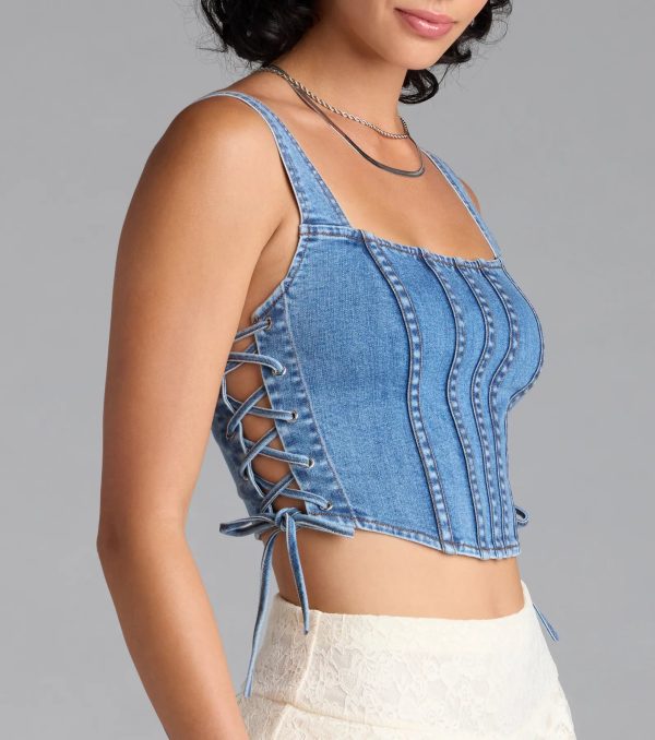 Popular Icon Lace-Up Denim Corset Top - Image 3