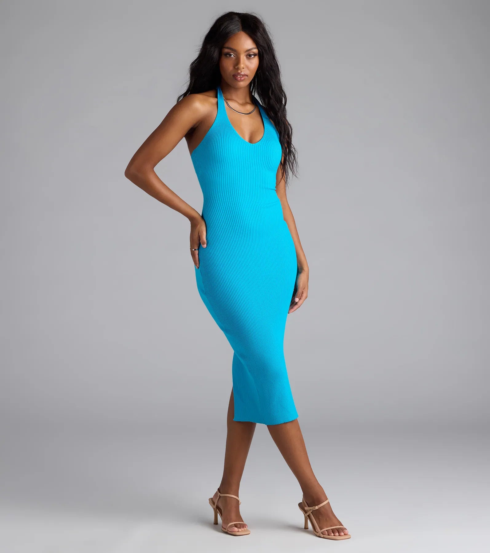 Curve Avenue Halter V-Neck Bodycon Midi Dress - Image 16
