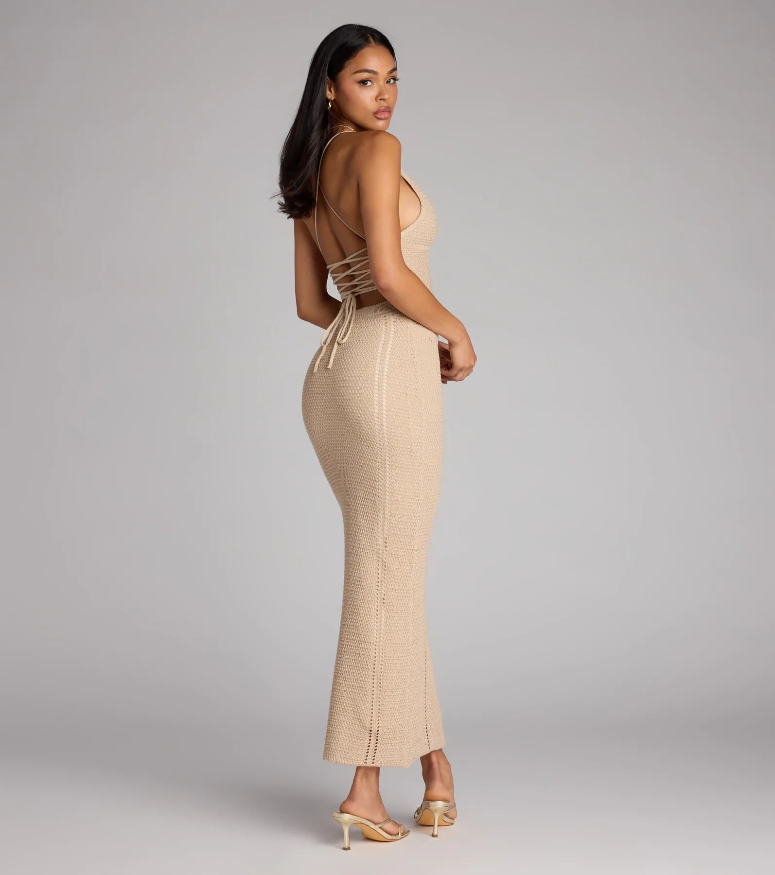 Beach Goddess Crochet Lace-Up Maxi Dress - Image 2