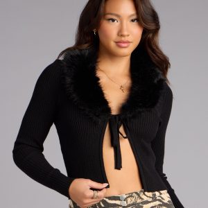 So Chic Removable Faux Fur Tie-Front Cardigan