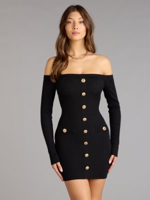 Buttoned Up Charm Off-The-Shoulder Mini Dress