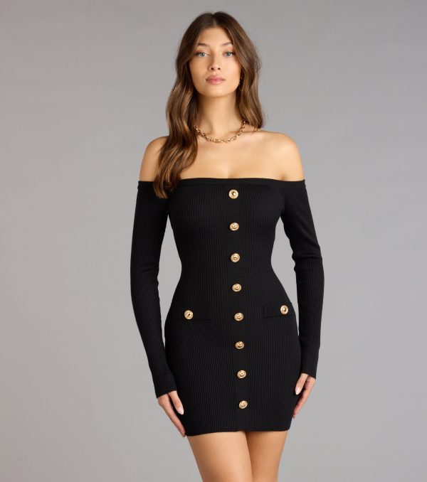 Buttoned Up Charm Off-The-Shoulder Mini Dress