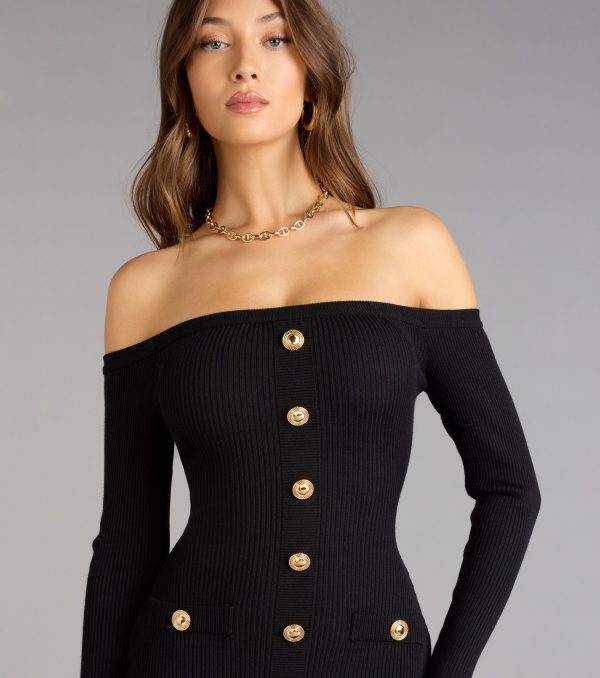 Buttoned Up Charm Off-The-Shoulder Mini Dress - Image 4