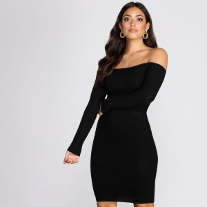 Ribbed Off Shoulder Sweater Dress