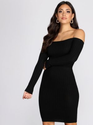 Ribbed Off Shoulder Sweater Dress