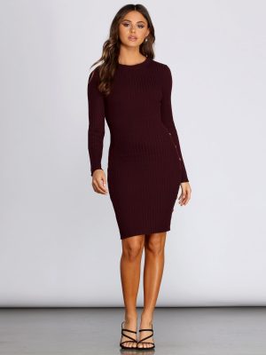 Sassy Snaps Ribbed Midi Dress