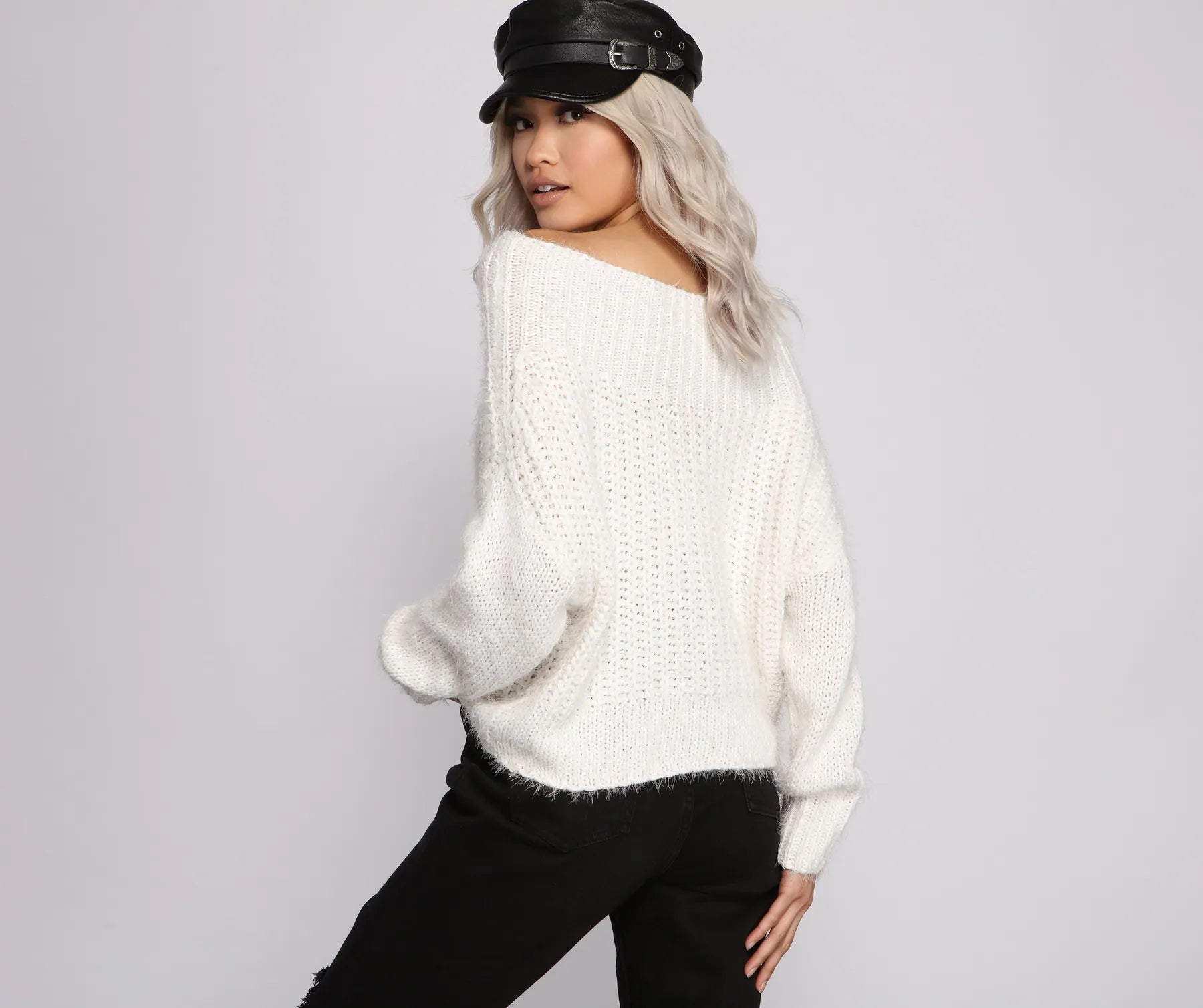 Cozy Eyelash Knit Off The Shoulder Sweater - Image 2