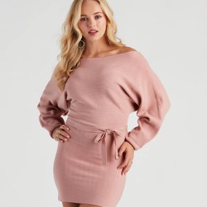 Cold Classic Dolman Sleeve Belted Sweater Dress