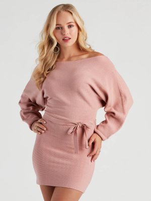 Cold Classic Dolman Sleeve Belted Sweater Dress