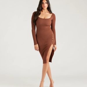 Stylish Snap Button Sweater Midi Dress