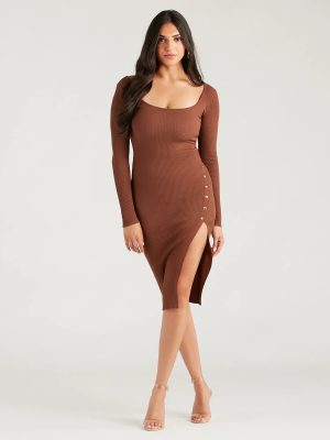 Stylish Snap Button Sweater Midi Dress