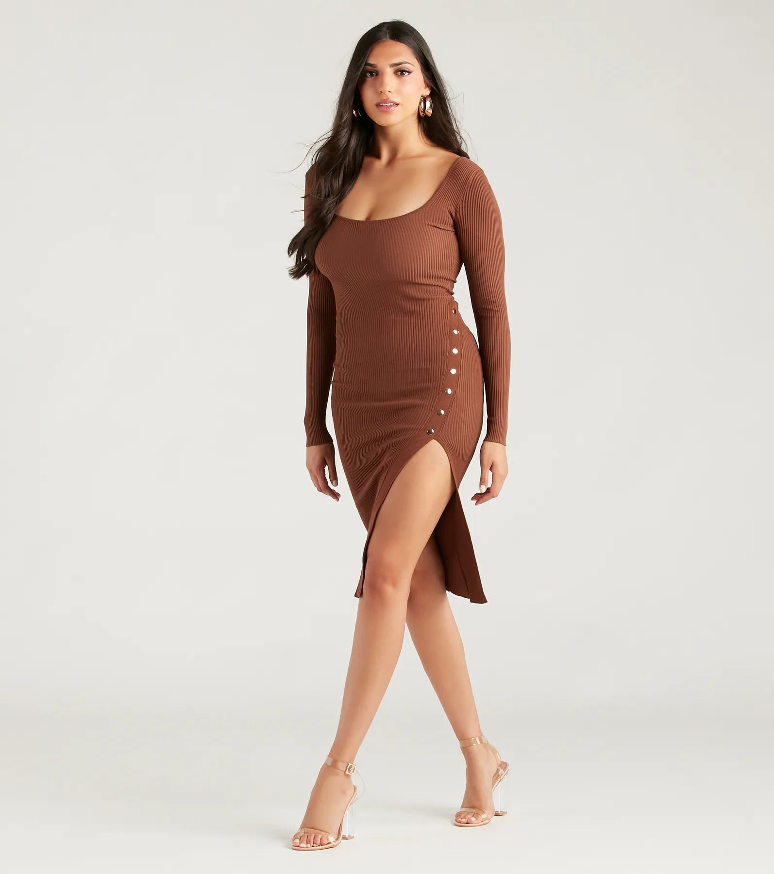 Stylish Snap Button Sweater Midi Dress - Image 3