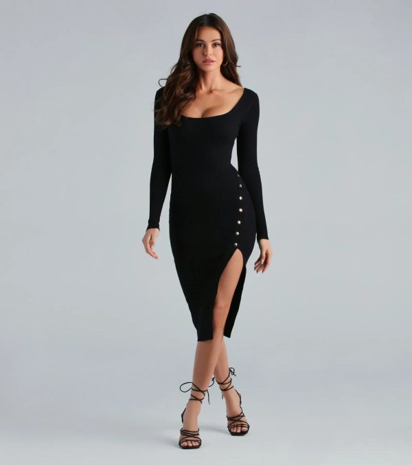 Stylish Snap Button Sweater Midi Dress - Image 5