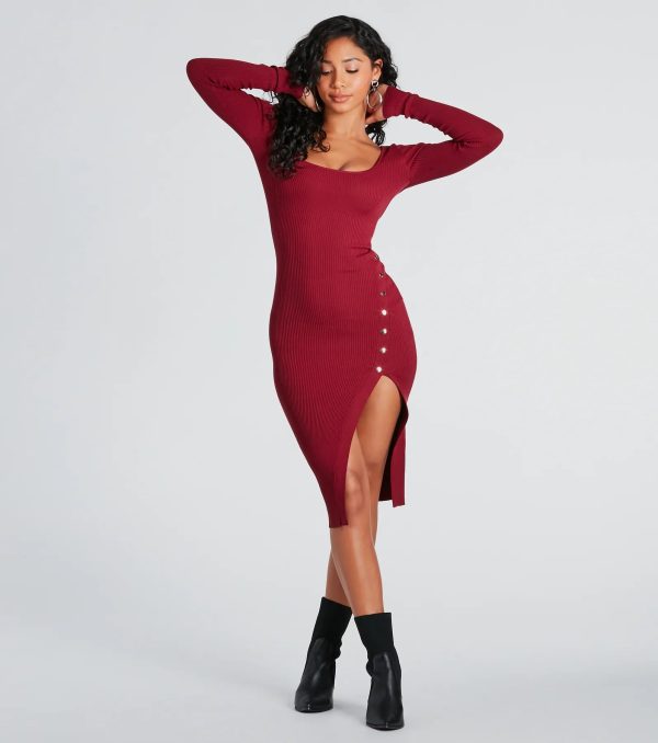 Stylish Snap Button Sweater Midi Dress - Image 9