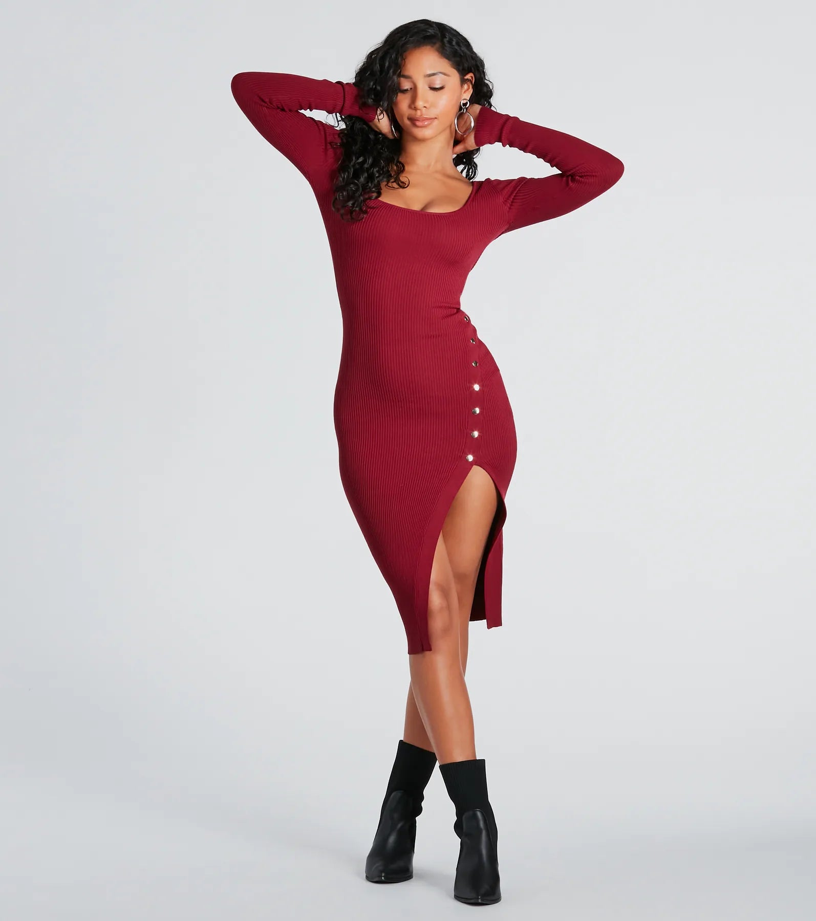 Stylish Snap Button Sweater Midi Dress - Image 9