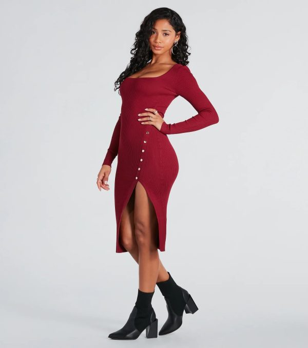 Stylish Snap Button Sweater Midi Dress - Image 11