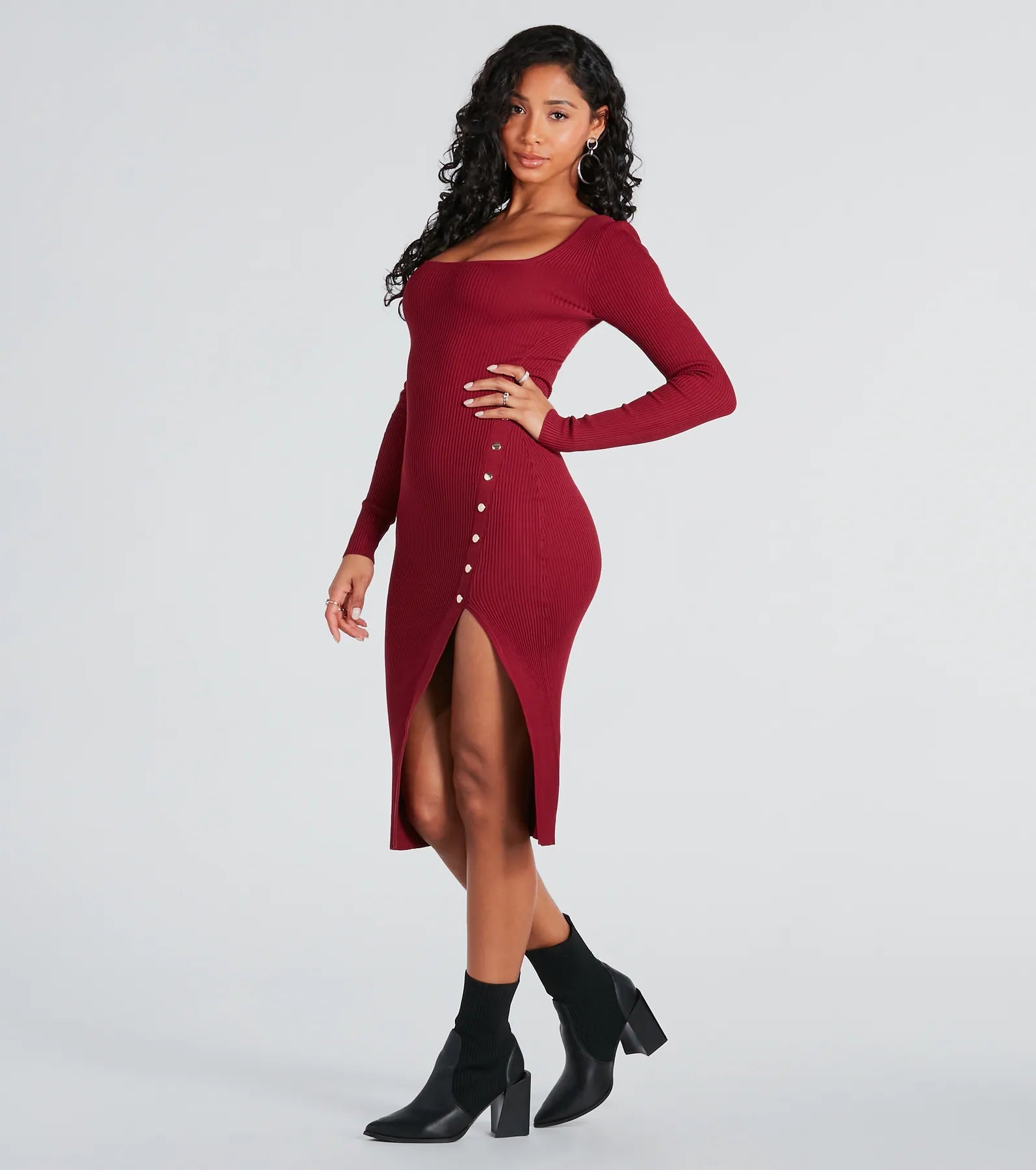 Stylish Snap Button Sweater Midi Dress - Image 11