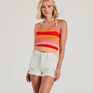Stripe With It Halter Ribbed Knit Crop Top