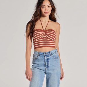 Trendy In Stripes Halter Rib Knit Crop Top